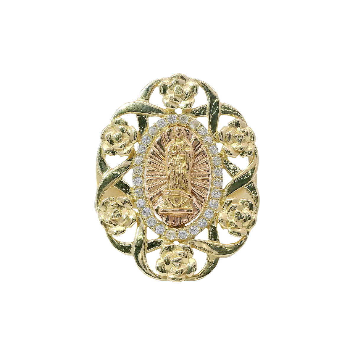 14KT Gold Ring Women's Two Tone Oval Virgin Mary Sunray Center with White CZ Stones Border Floral Ribbon Border Split Band