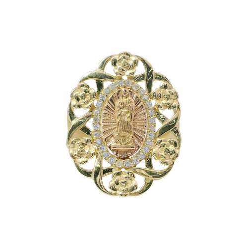 14KT Gold Ring Women's Two Tone Oval Virgin Mary Sunray Center with White CZ Stones Border Floral Ribbon Border Split Band