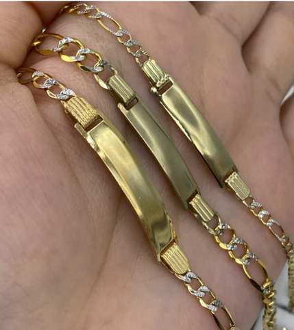 14KT Gold Bracelet Solid Two Tone Figaro Band with Plain Name Plate 10mm