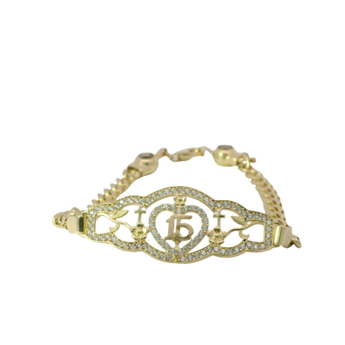 14KT Gold Bracelet Women's "15" Quinceanera Plaque with Heart Center and Plain Cross and Rose Sides with White CZ Stones Border and White CZ Stone End Cuban Link Lobster Clasp