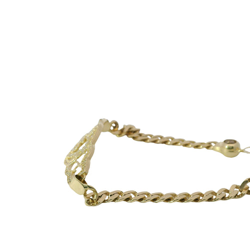 14KT Gold Bracelet Women's "15" Quinceanera Plaque with Heart Center and Plain Cross and Rose Sides with White CZ Stones Border and White CZ Stone End Cuban Link Lobster Clasp