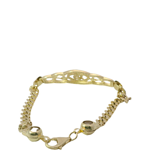 14KT Gold Bracelet Women's "15" Quinceanera Plaque with Heart Center and Plain Cross and Rose Sides with White CZ Stones Border and White CZ Stone End Cuban Link Lobster Clasp