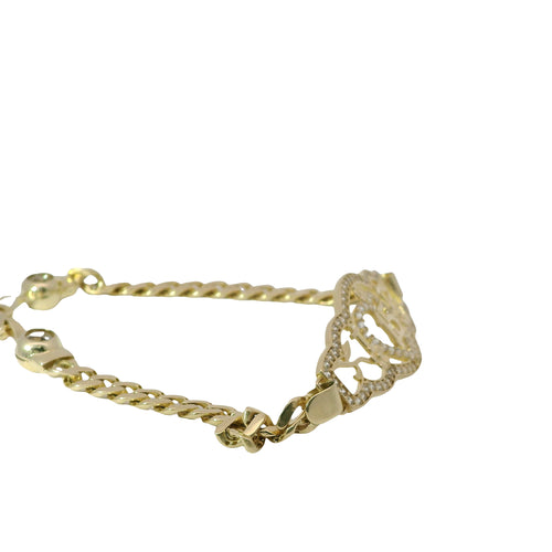 14KT Gold Bracelet Women's "15" Quinceanera Plaque with Heart Center and Plain Cross and Rose Sides with White CZ Stones Border and White CZ Stone End Cuban Link Lobster Clasp
