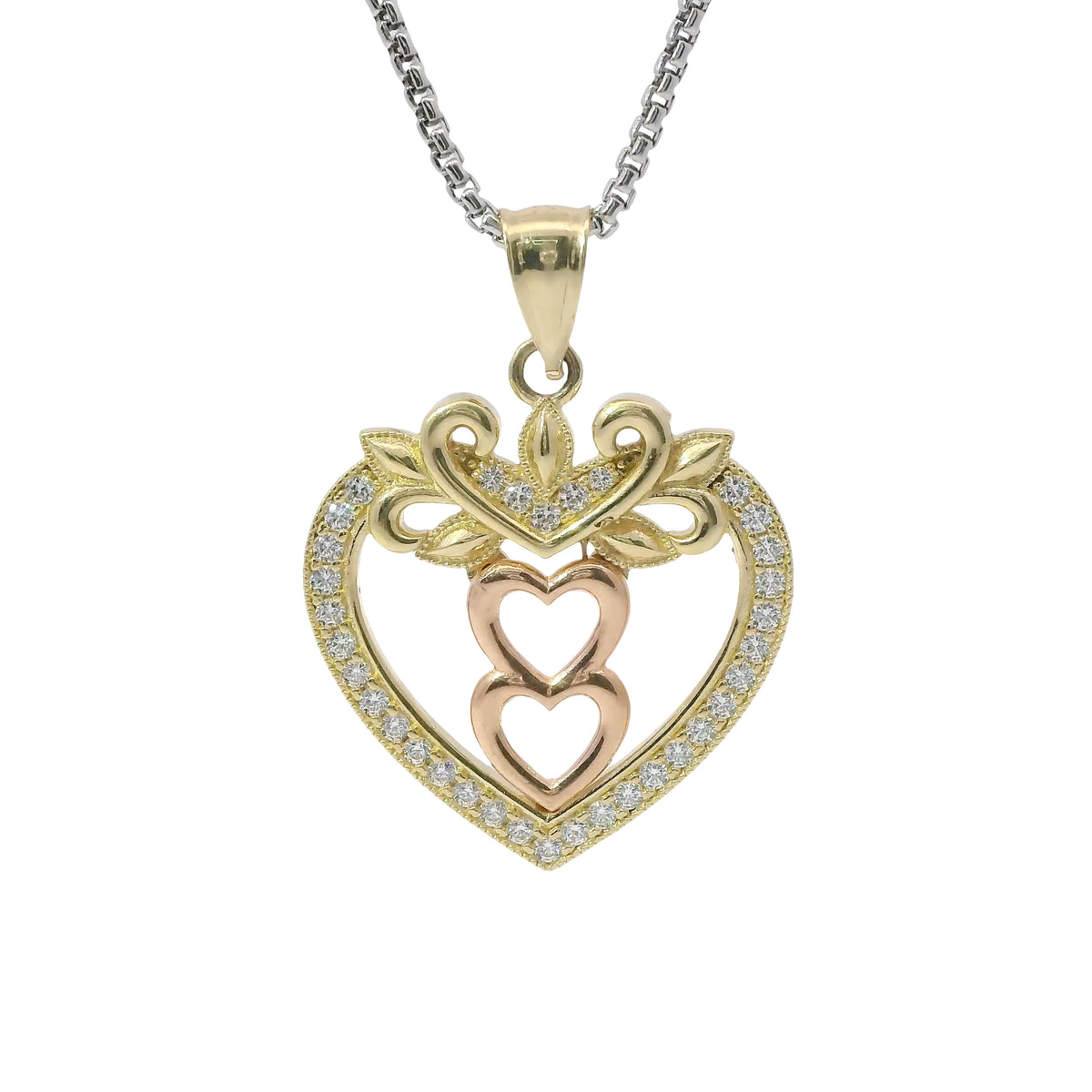 14KT Gold Charm Jumbo Two Tone White CZ Stone Open Heart Outline with Two Plain Rose Gold Open Heart Center and Plain Bell