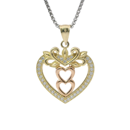 14KT Gold Charm Jumbo Two Tone White CZ Stone Open Heart Outline with Two Plain Rose Gold Open Heart Center and Plain Bell