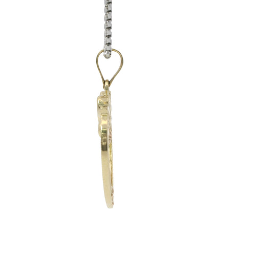 14KT Gold Charm Jumbo Two Tone White CZ Stone Open Heart Outline with Two Plain Rose Gold Open Heart Center and Plain Bell