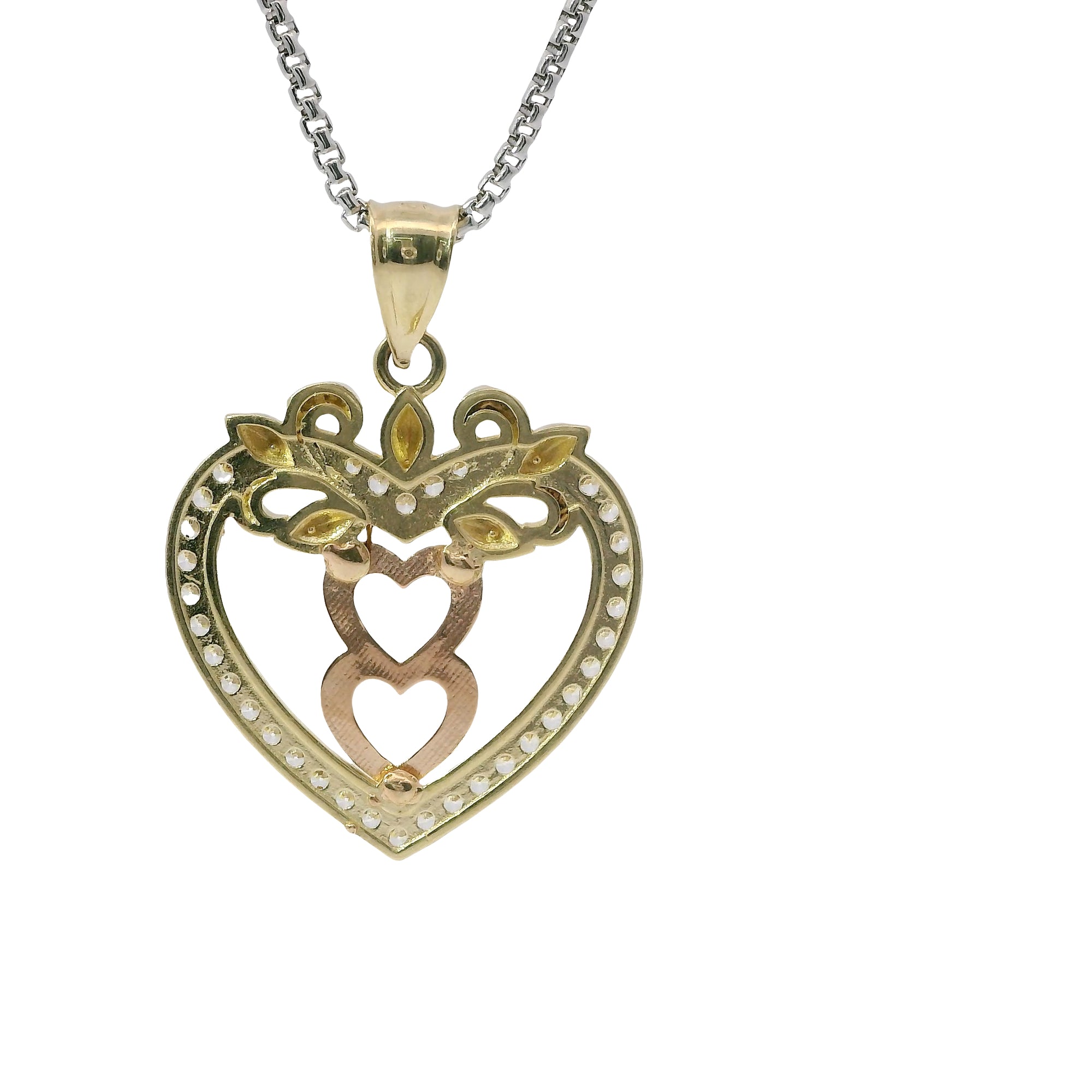 14KT Gold Charm Jumbo Two Tone White CZ Stone Open Heart Outline with Two Plain Rose Gold Open Heart Center and Plain Bell
