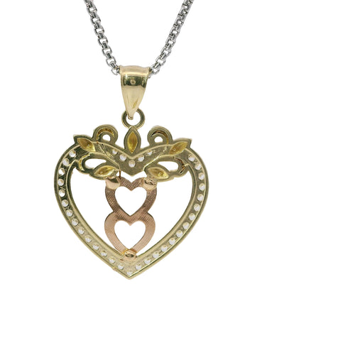 14KT Gold Charm Jumbo Two Tone White CZ Stone Open Heart Outline with Two Plain Rose Gold Open Heart Center and Plain Bell