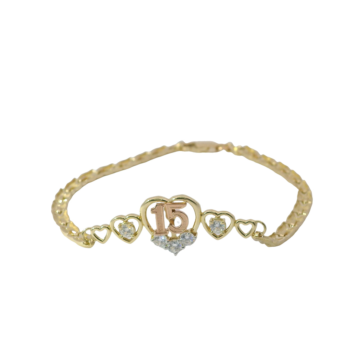 14KT Gold Bracelet Women's Two Tone Rose Gold "15" Center Quinceanera Plaque with Five Plain Open Hearts with White CZ Stones in Three of Hearts and Plain Wheat Shape Link and Lobster Clasp