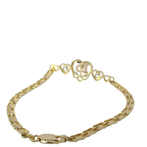 14KT Gold Bracelet Women's Two Tone Rose Gold "15" Center Quinceanera Plaque with Five Plain Open Hearts with White CZ Stones in Three of Hearts and Plain Wheat Shape Link and Lobster Clasp
