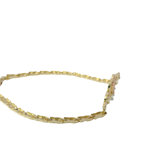 14KT Gold Bracelet Women's Two Tone Rose Gold "15" Center Quinceanera Plaque with Five Plain Open Hearts with White CZ Stones in Three of Hearts and Plain Wheat Shape Link and Lobster Clasp