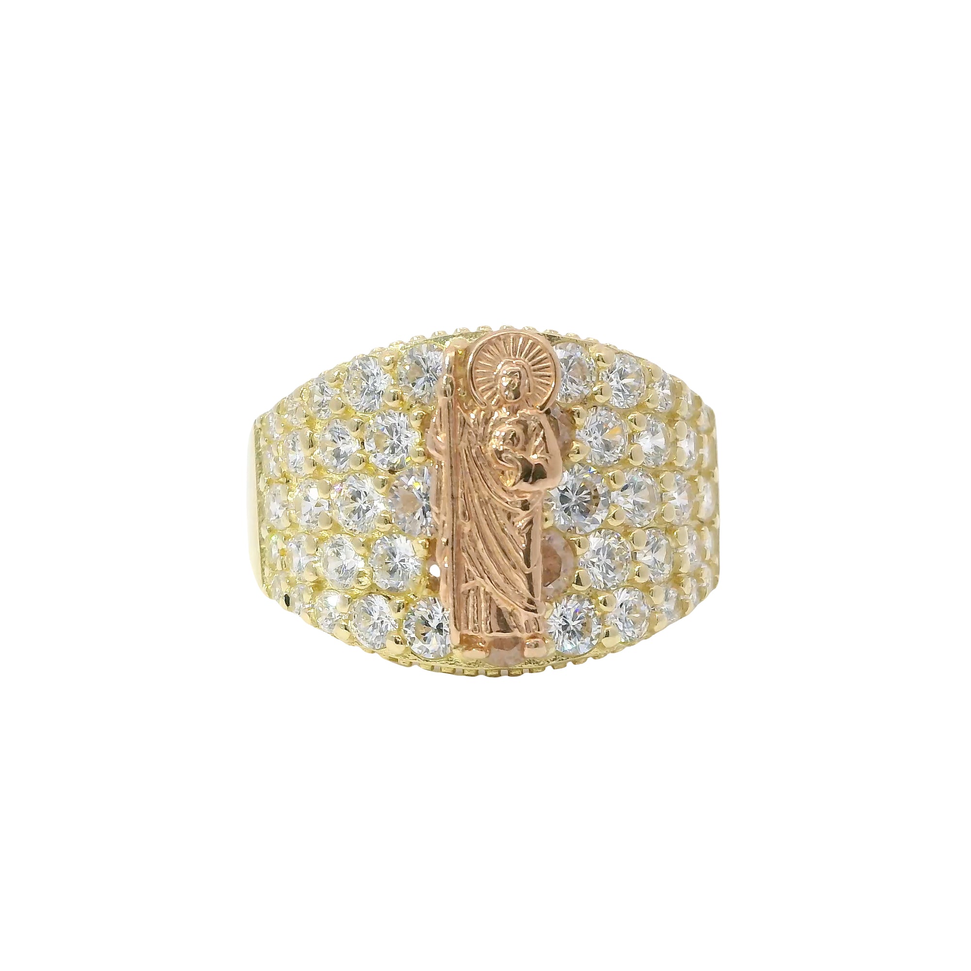 14KT Gold Ring Women's Two Tone St Jude with Five Row White CZ Stone Background