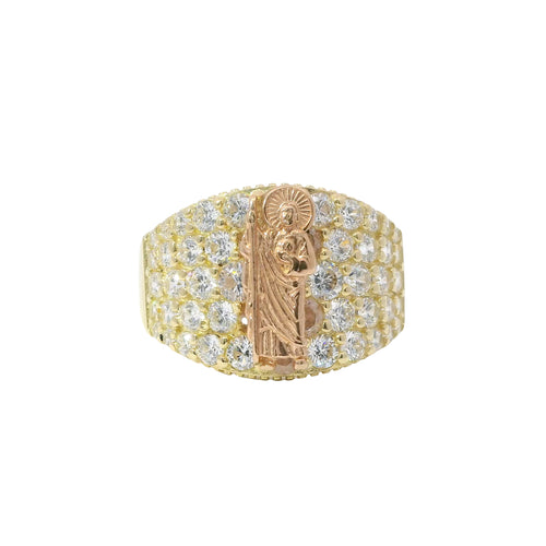 14KT Gold Ring Women's Two Tone St Jude with Five Row White CZ Stone Background