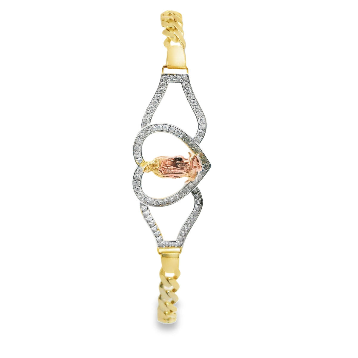 14KT Gold Bracelet Women's Two Tone "15" Quinceanera Plaque with Heart Center and White Gold White CZ Stones Border and White CZ Stone End Cuban Link Lobster Clasp