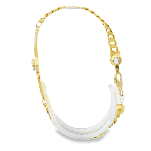 14KT Gold Bracelet Women's Two Tone "15" Quinceanera Plaque with Heart Center and White Gold White CZ Stones Border and White CZ Stone End Cuban Link Lobster Clasp
