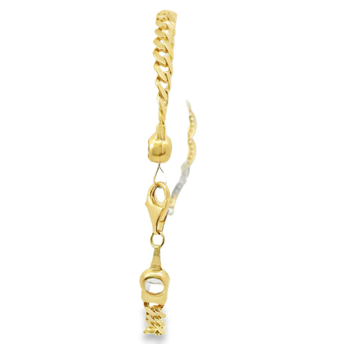 14KT Gold Bracelet Women's Two Tone "15" Quinceanera Plaque with Heart Center and White Gold White CZ Stones Border and White CZ Stone End Cuban Link Lobster Clasp