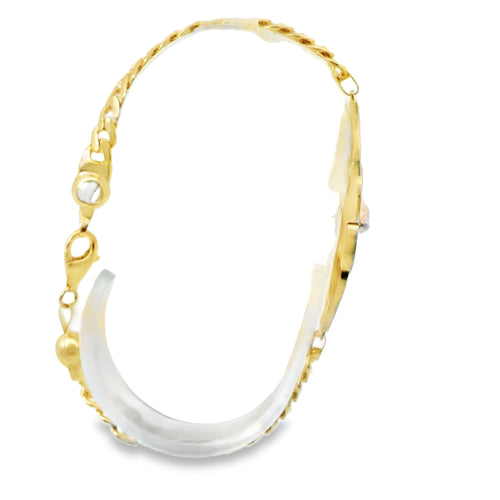 14KT Gold Bracelet Women's Two Tone "15" Quinceanera Plaque with Heart Center and White Gold White CZ Stones Border and White CZ Stone End Cuban Link Lobster Clasp
