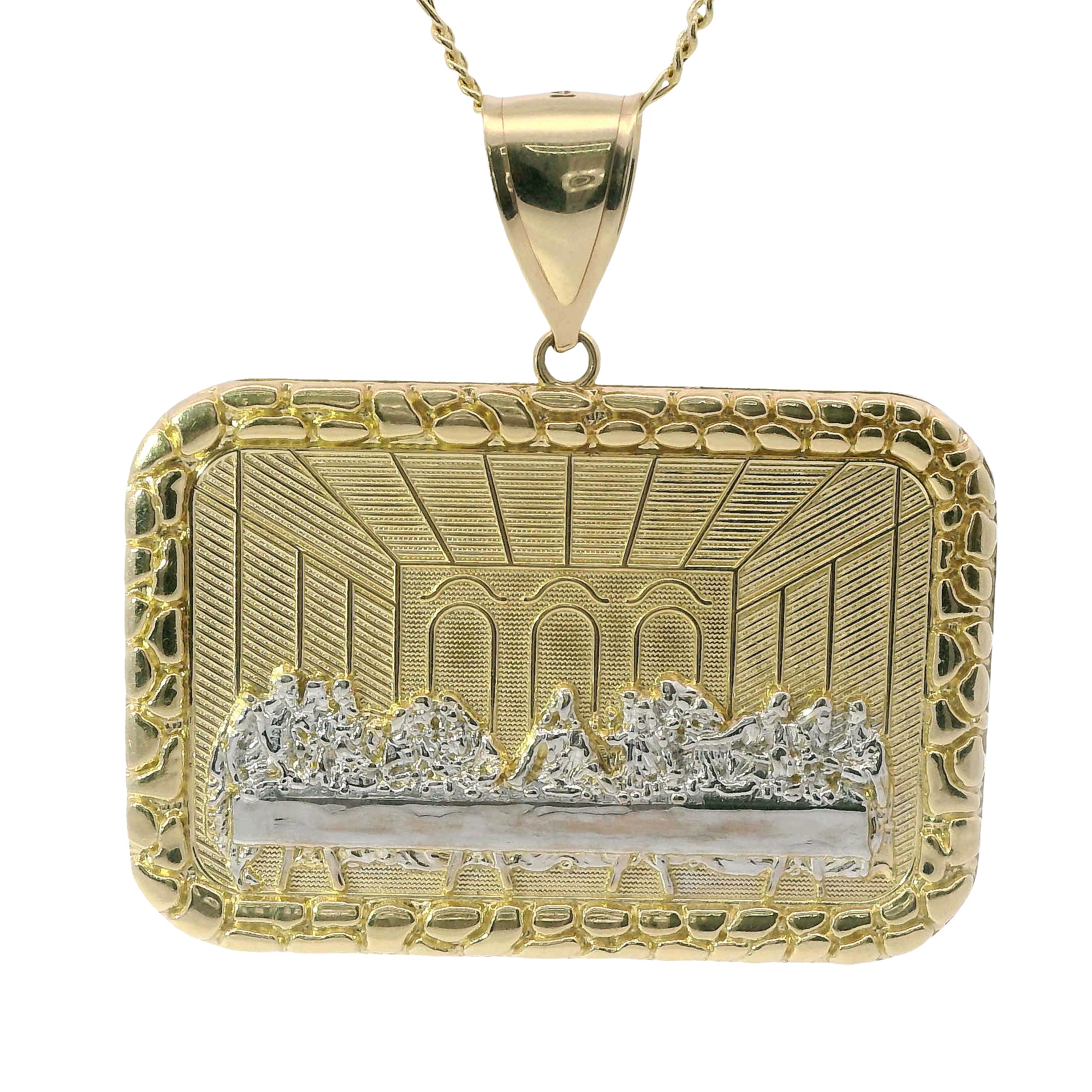 14KT Gold Charm XL Rectangle Two Tone Last Supper with Nugget Frame and Plain Bell