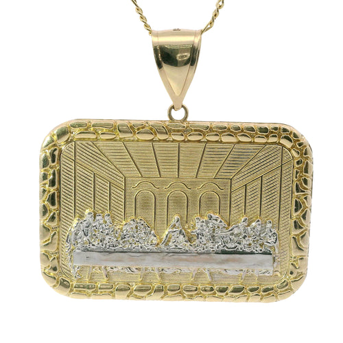 14KT Gold Charm XL Rectangle Two Tone Last Supper with Nugget Frame and Plain Bell