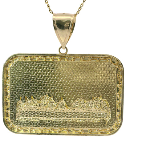 14KT Gold Charm XL Rectangle Two Tone Last Supper with Nugget Frame and Plain Bell