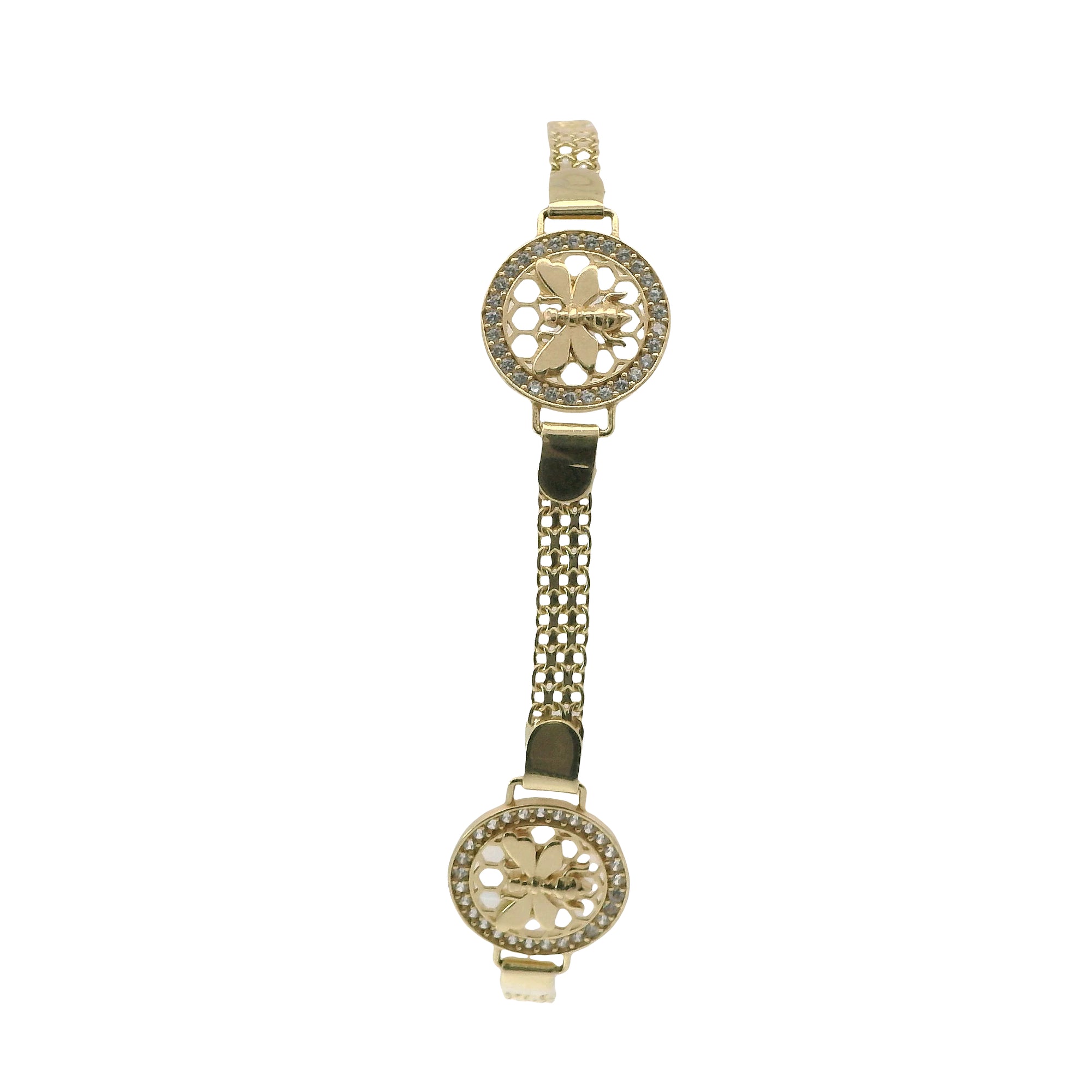 14KT Gold Bracelet Women's Three Charm Round Bumble Bee with Honeycomb Background and White CZ Stone End Bizmark Link Lobster Clasp