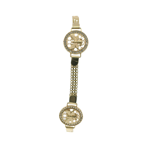 14KT Gold Bracelet Women's Three Charm Round Bumble Bee with Honeycomb Background and White CZ Stone End Bizmark Link Lobster Clasp