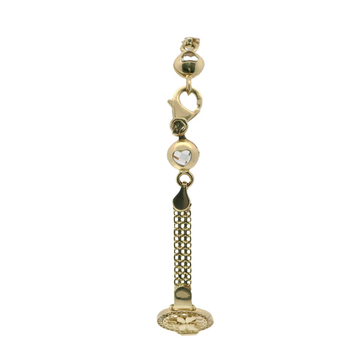 14KT Gold Bracelet Women's Three Charm Round Bumble Bee with Honeycomb Background and White CZ Stone End Bizmark Link Lobster Clasp