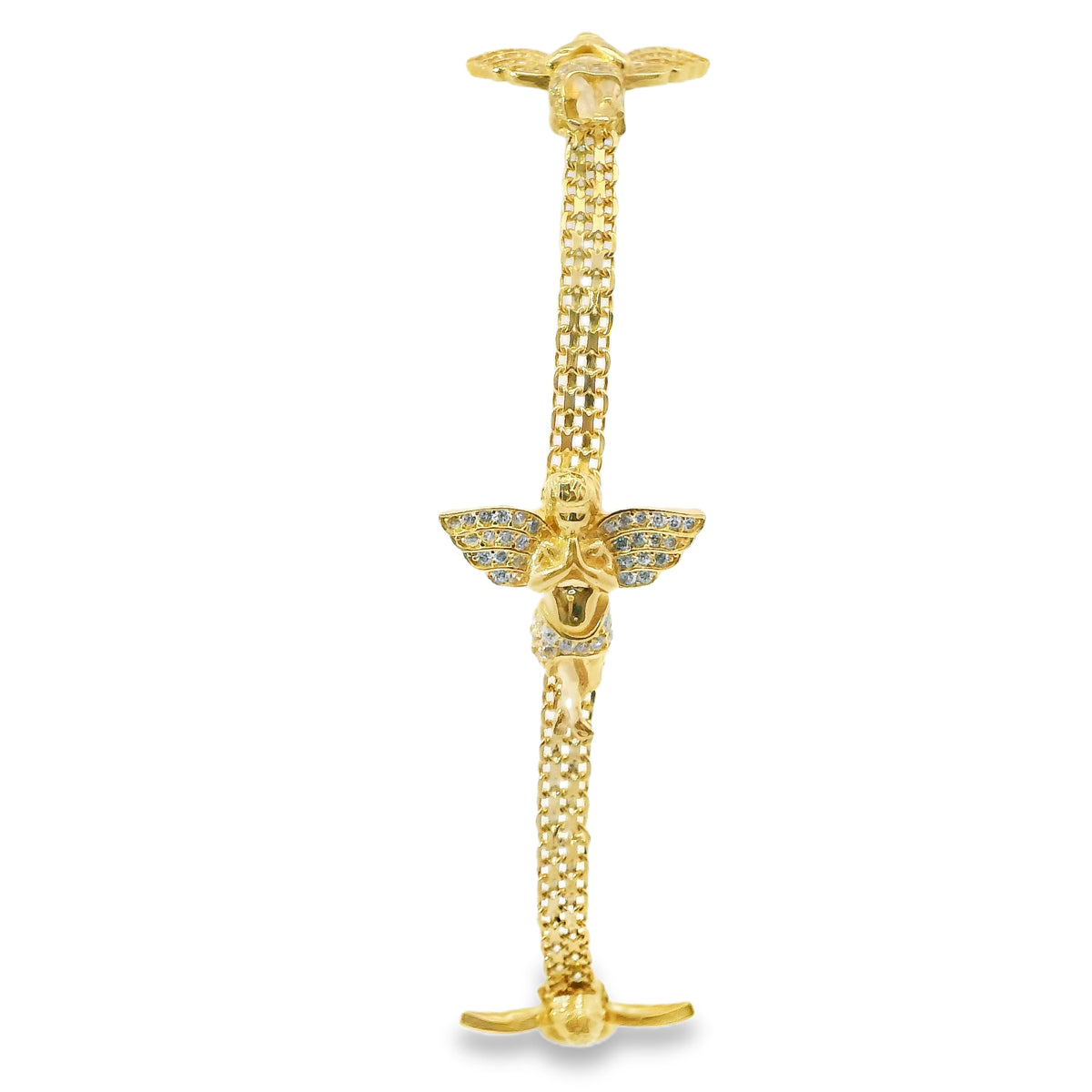 14KT Gold Bracelet Women's Three Charm Angel with White CZ Stones Wings and White CZ Stone End Bizmark Link Lobster Clasp
