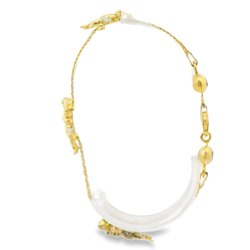 14KT Gold Bracelet Women's Three Charm Angel with White CZ Stones Wings and White CZ Stone End Bizmark Link Lobster Clasp
