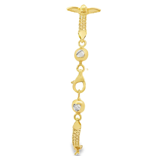14KT Gold Bracelet Women's Three Charm Angel with White CZ Stones Wings and White CZ Stone End Bizmark Link Lobster Clasp