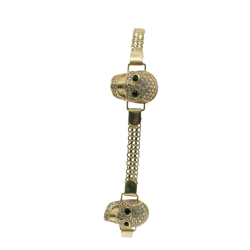 14KT Gold Bracelet Women's Three Charm White CZ Stones Skull with Black CZ Stones Eyes and White CZ Stone End Bizmark Link Lobster Clasp