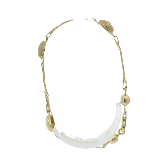 14KT Gold Bracelet Women's Three Charm White CZ Stones Skull with Black CZ Stones Eyes and White CZ Stone End Bizmark Link Lobster Clasp