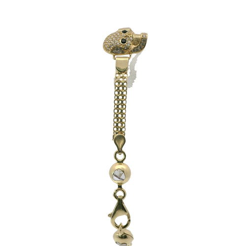 14KT Gold Bracelet Women's Three Charm White CZ Stones Skull with Black CZ Stones Eyes and White CZ Stone End Bizmark Link Lobster Clasp