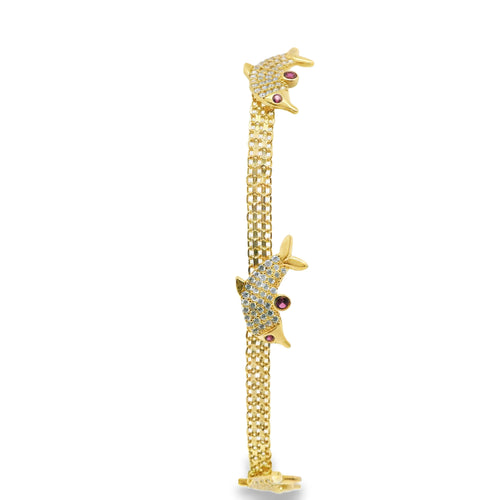 14KT Gold Bracelet Women's Three Charm White CZ Stones Dolphin with Dark Pink CZ Stones Eyes and Fin with White CZ Stone End Bizmark Link Lobster Clasp