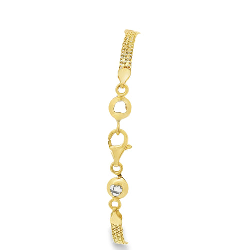 14KT Gold Bracelet Women's Three Charm White CZ Stones Dolphin with Dark Pink CZ Stones Eyes and Fin with White CZ Stone End Bizmark Link Lobster Clasp