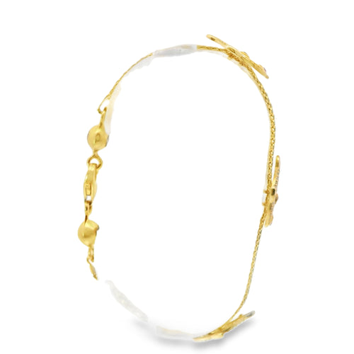 14KT Gold Bracelet Women's Three Charm White CZ Stones Dolphin with Dark Pink CZ Stones Eyes and Fin with White CZ Stone End Bizmark Link Lobster Clasp