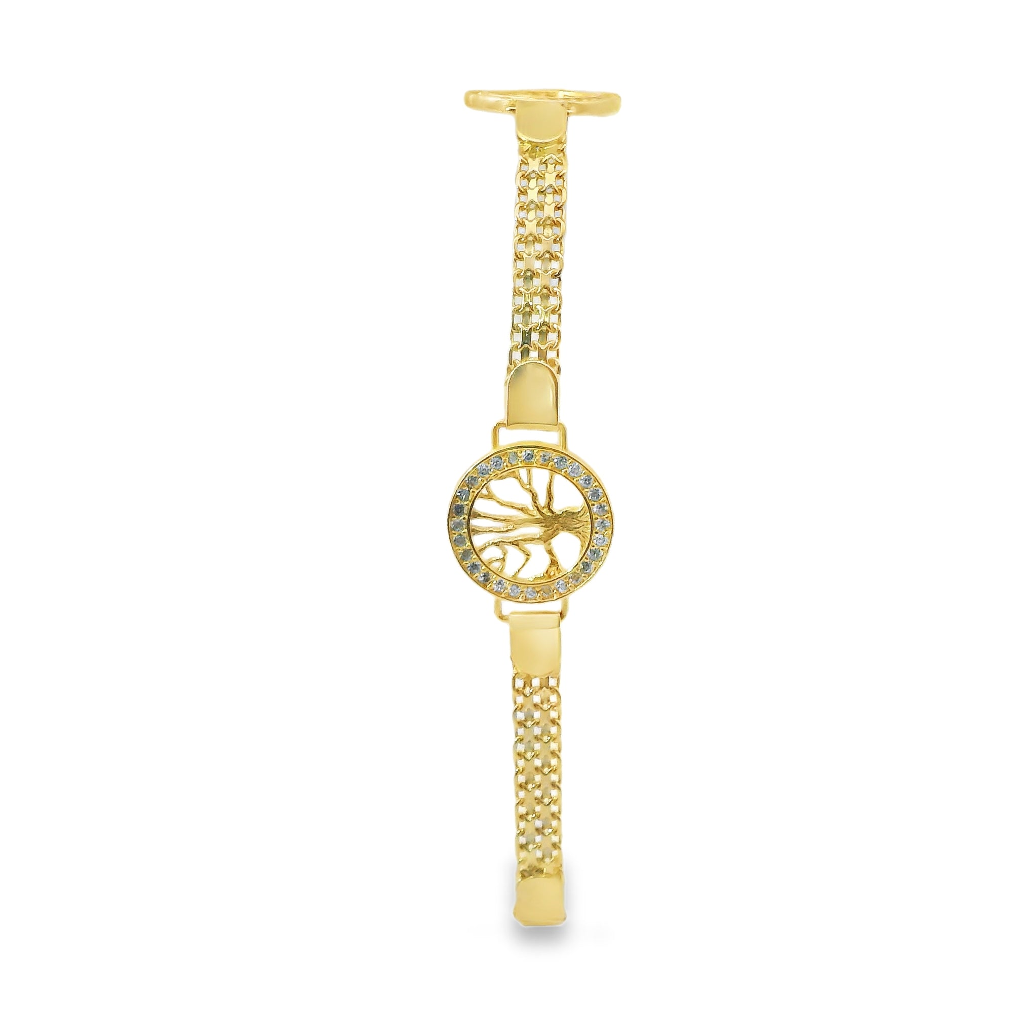 14KT Gold Bracelet Women's Three Charm White CZ Stones Round Tree of Life with White CZ Stones Borders and White CZ Stone End Bizmark Link Lobster Clasp