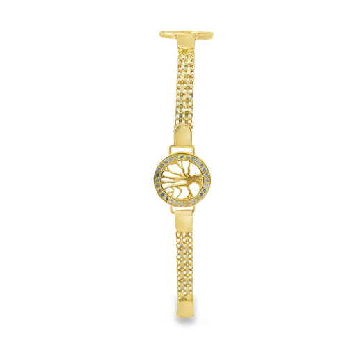 14KT Gold Bracelet Women's Three Charm White CZ Stones Round Tree of Life with White CZ Stones Borders and White CZ Stone End Bizmark Link Lobster Clasp