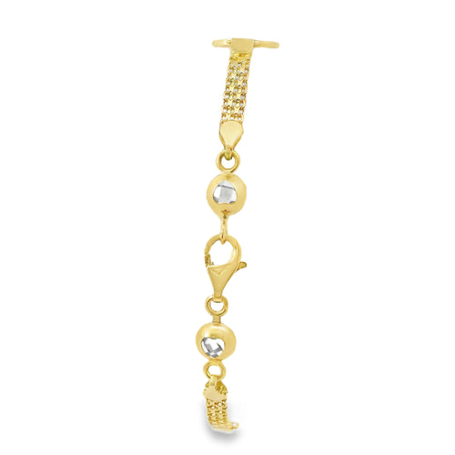 14KT Gold Bracelet Women's Three Charm White CZ Stones Round Tree of Life with White CZ Stones Borders and White CZ Stone End Bizmark Link Lobster Clasp
