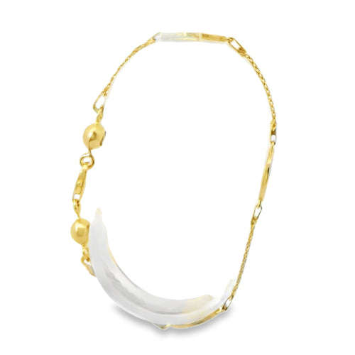 14KT Gold Bracelet Women's Three Charm White CZ Stones Round Tree of Life with White CZ Stones Borders and White CZ Stone End Bizmark Link Lobster Clasp