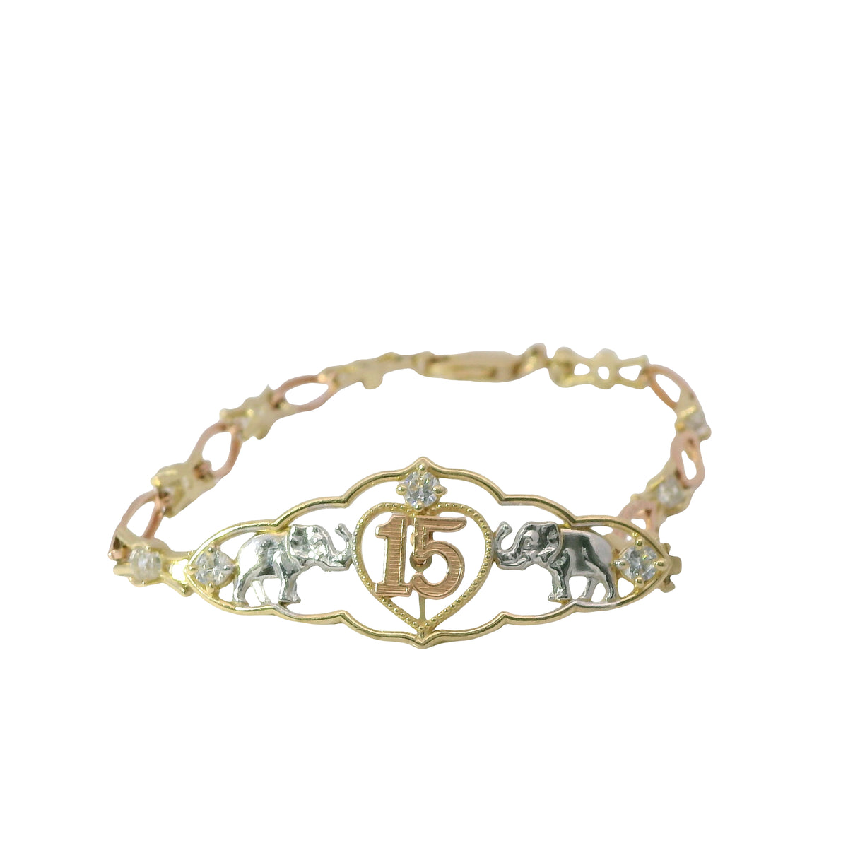 14KT Gold Bracelet Women's Tri Tone "15" Good Luck Quinceanera Center Three Round White CZ Stone and Two Elephants in Center Plaque with Alternating White CZ Stone / Eye Shape Band 4.5mm