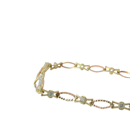 14KT Gold Bracelet Women's Tri Tone "15" Good Luck Quinceanera Center Three Round White CZ Stone and Two Elephants in Center Plaque with Alternating White CZ Stone / Eye Shape Band 4.5mm