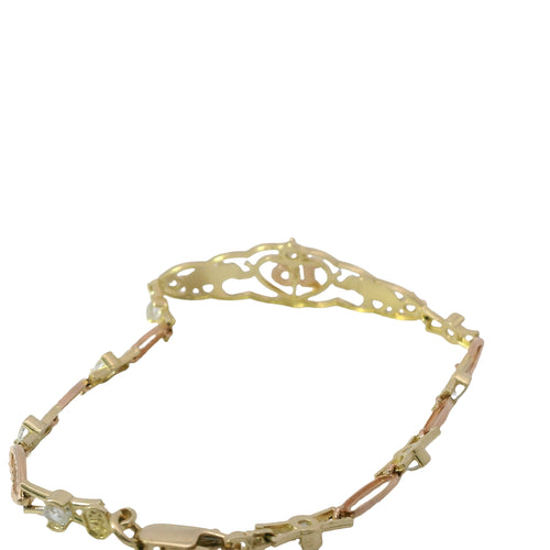 14KT Gold Bracelet Women's Tri Tone "15" Good Luck Quinceanera Center Three Round White CZ Stone and Two Elephants in Center Plaque with Alternating White CZ Stone / Eye Shape Band 4.5mm