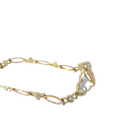 14KT Gold Bracelet Women's Tri Tone "15" Good Luck Quinceanera Center Three Round White CZ Stone and Two Elephants in Center Plaque with Alternating White CZ Stone / Eye Shape Band 4.5mm
