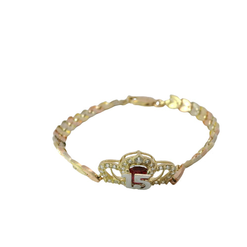 14KT Gold Bracelet Women's "15" Quinceanera Tiara Dark Pink Pear Center CZ Stone with White CZ Stones Border and Tri Tone Leaf Band 5mm