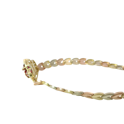 14KT Gold Bracelet Women's "15" Quinceanera Tiara Dark Pink Pear Center CZ Stone with White CZ Stones Border and Tri Tone Leaf Band 5mm