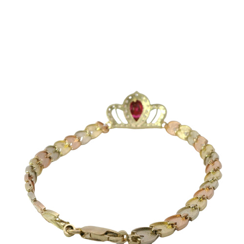 14KT Gold Bracelet Women's "15" Quinceanera Tiara Dark Pink Pear Center CZ Stone with White CZ Stones Border and Tri Tone Leaf Band 5mm