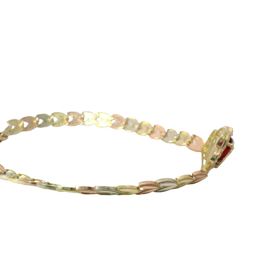 14KT Gold Bracelet Women's "15" Quinceanera Tiara Dark Pink Pear Center CZ Stone with White CZ Stones Border and Tri Tone Leaf Band 5mm