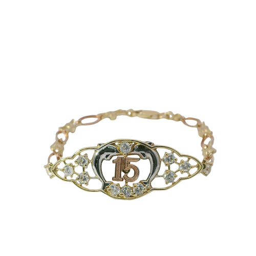 14KT Gold Bracelet Women's Tri Tone "15" Quinceanera Dolphins with White CZ Stone Centers with Alternating White CZ Stone / Eye Shape Band 4.5mm