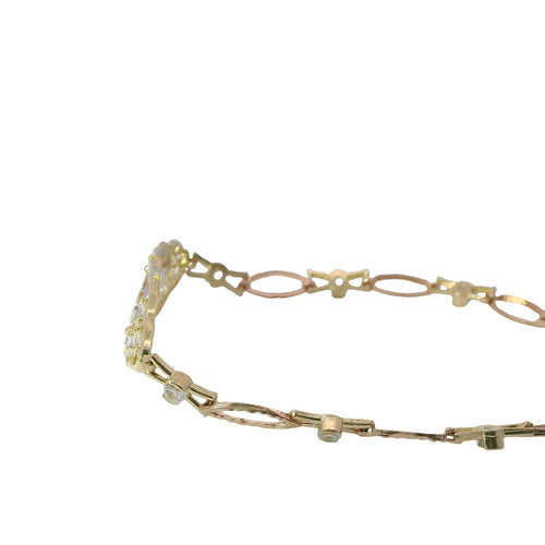 14KT Gold Bracelet Women's Tri Tone "15" Quinceanera Dolphins with White CZ Stone Centers with Alternating White CZ Stone / Eye Shape Band 4.5mm
